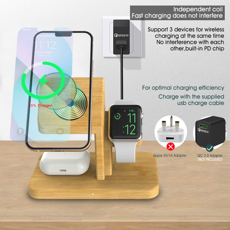 15W Bamboo Wireless Charger Stand - 3-in-1 Magnetic Phone Holder for Apple Devices | Eco-Friendly Multi-Function Charger