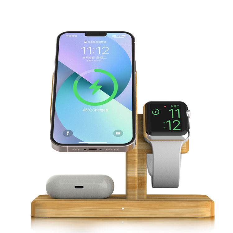 15W Bamboo Wireless Charger Stand - 3-in-1 Magnetic Phone Holder for Apple Devices | Eco-Friendly Multi-Function Charger